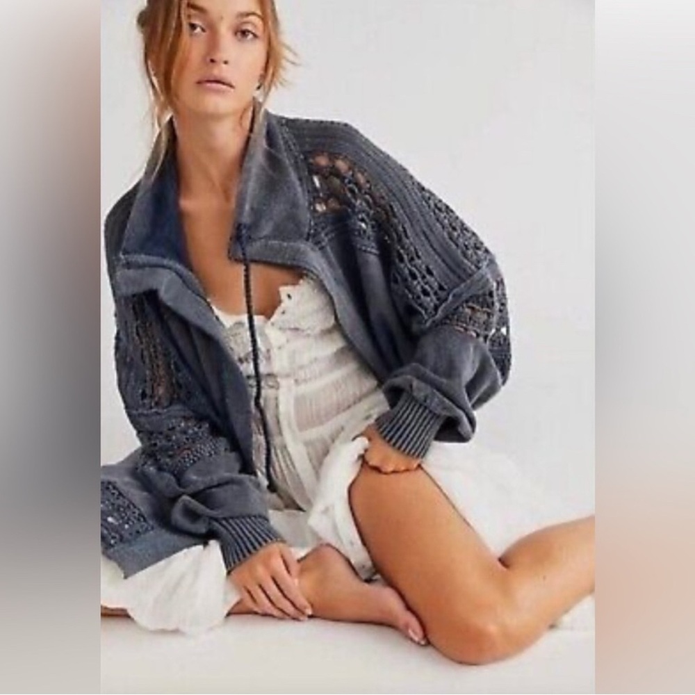 Free  People DuneBug Blue Crochet zip Jacket Chambray color